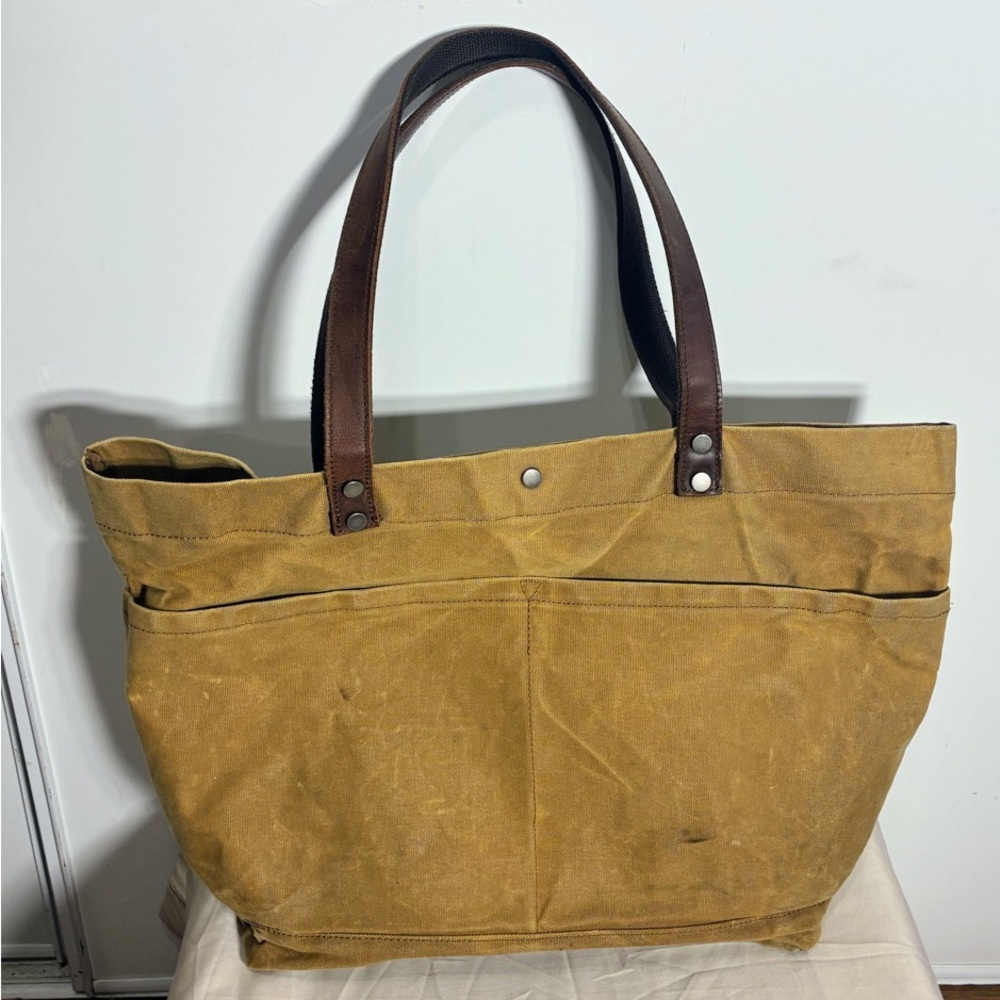Waxed Canvas Travel Tote Bag - 22” Carryall Shoulder Bag w/ Leather Straps  EUC